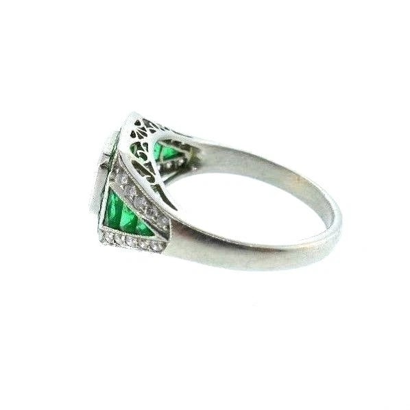 VINTAGE Platinum Emerald Diamond Engagement RING Art Deco Style - 4