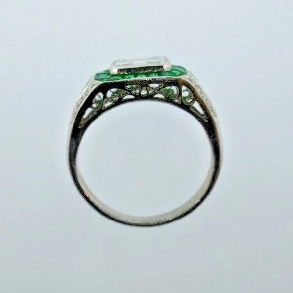 VINTAGE Platinum Emerald Diamond Engagement RING Art Deco Style - 5