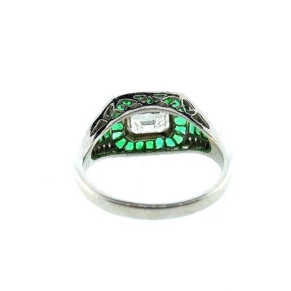 VINTAGE Platinum Emerald Diamond Engagement RING Art Deco Style - 6