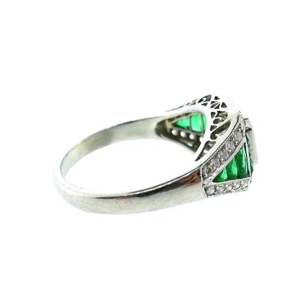 VINTAGE Platinum Emerald Diamond Engagement RING Art Deco Style - 7