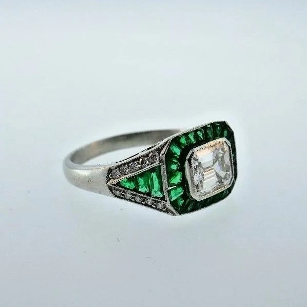 VINTAGE Platinum Emerald Diamond Engagement RING Art Deco Style - 8