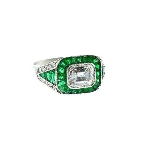 VINTAGE Platinum Emerald Diamond Engagement RING Art Deco Style - 9