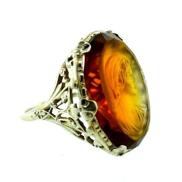 VICTORIAN 14k White Gold & Carved Citrine Cameo Ring Circa 1900s: Title: VICTORIAN 14k White Gold & Carved Citrine Cameo Ring Circa 1900s Description: DK 14k White Gold & Carved Citrine Cameo Ring Victorian Circa 1900s ? This is a must for a collector. The weight is