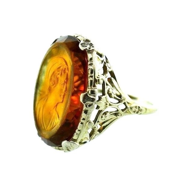 VICTORIAN 14k White Gold & Carved Citrine Cameo Ring Circa 1900s - 3