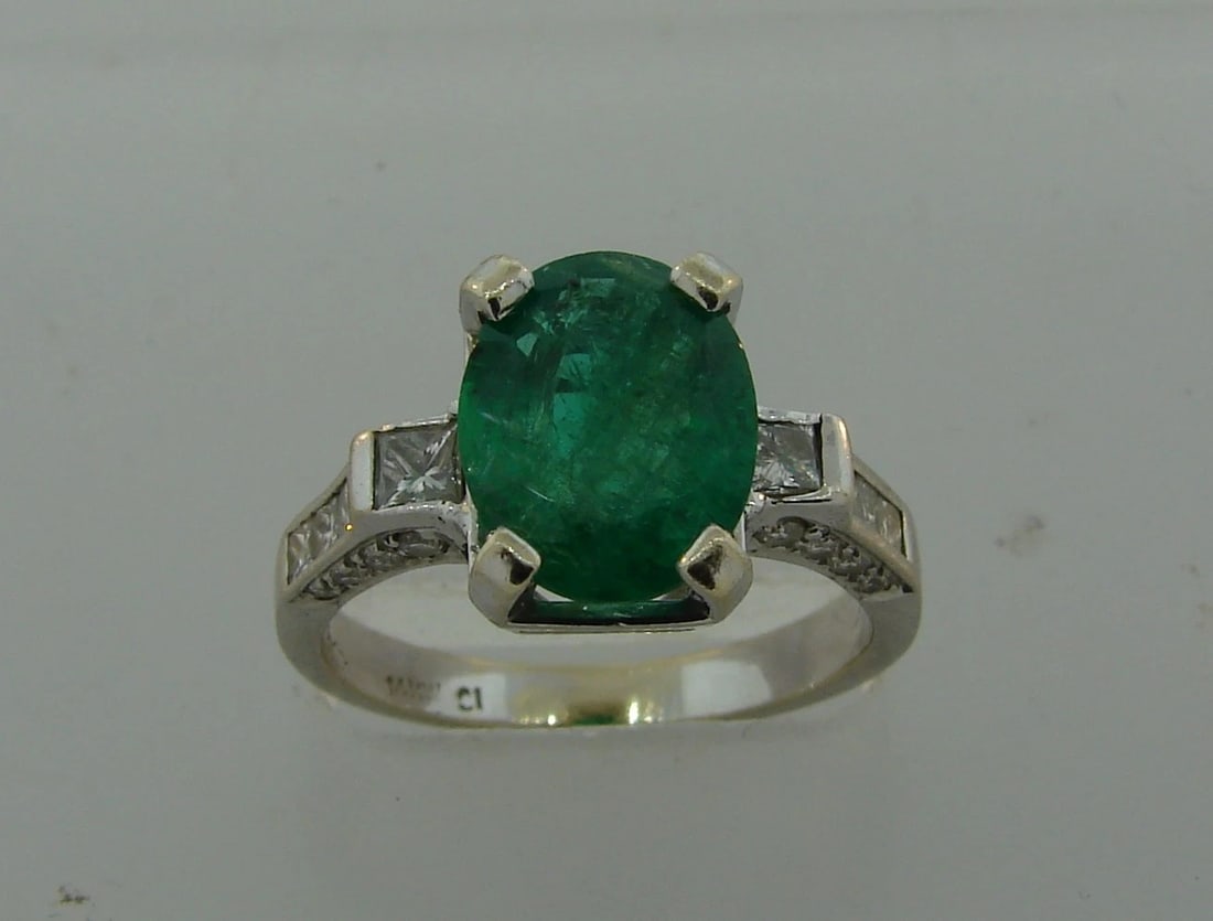 Emerald Diamond White Gold RING Solitaire with Accents - 2