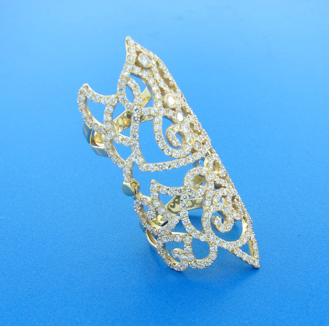 Trendy DIAMOND YELLOW GOLD FULL-FINGER RING Wide Band Chic - 2