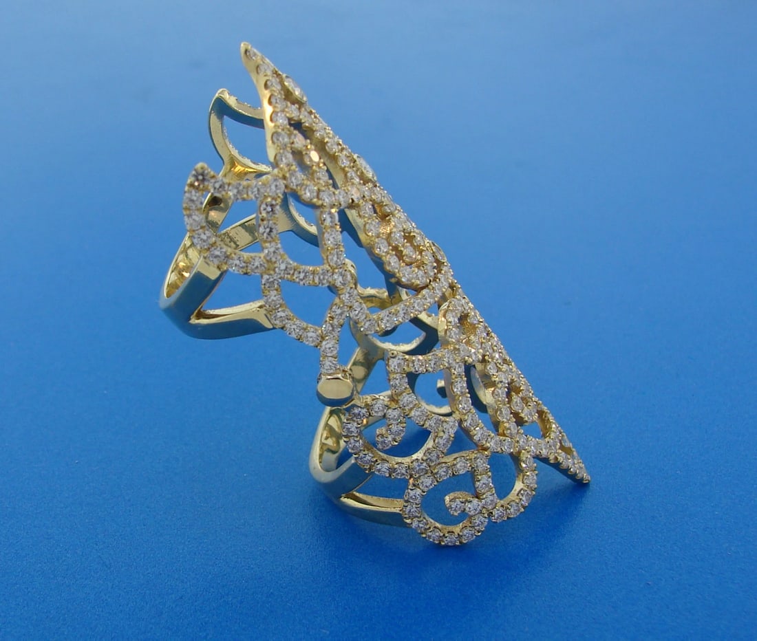 Trendy DIAMOND YELLOW GOLD FULL-FINGER RING Wide Band Chic - 4