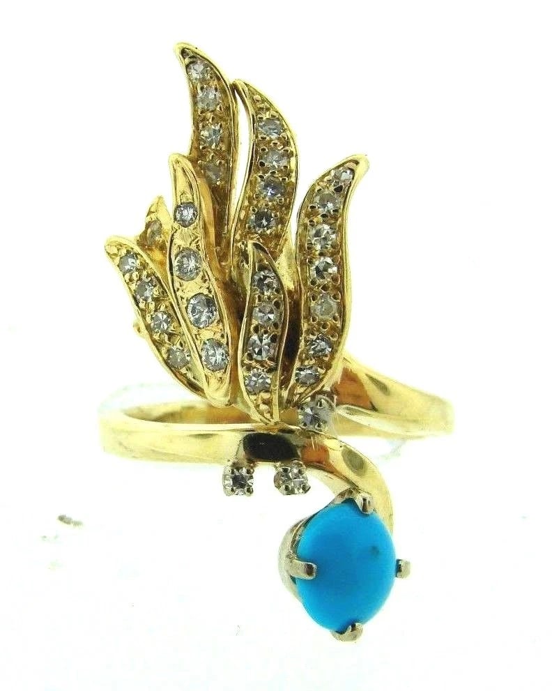 14K YELLOW GOLD TURQUOISE DIAMOND COCKTAIL RING - 3