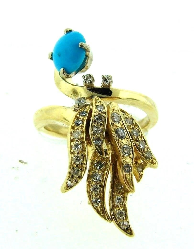 14K YELLOW GOLD TURQUOISE DIAMOND COCKTAIL RING - 4