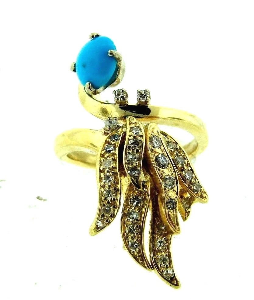 14K YELLOW GOLD TURQUOISE DIAMOND COCKTAIL RING - 5