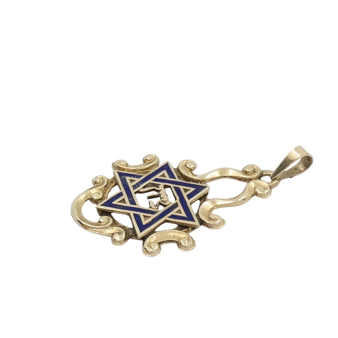Vintage 14k Gold Blue Enamel Star of David Chai Pendant - 5