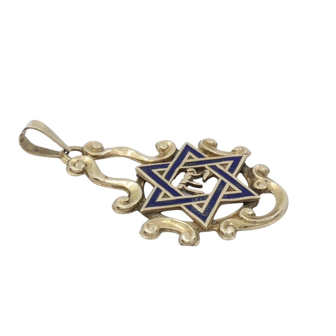 Vintage 14k Gold Blue Enamel Star of David Chai Pendant - 6