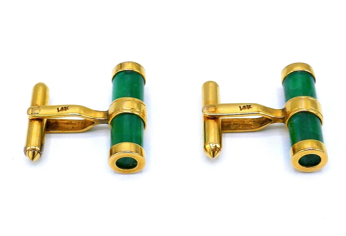 Vintage 14k Yellow Gold Jade Cufflinks - 2