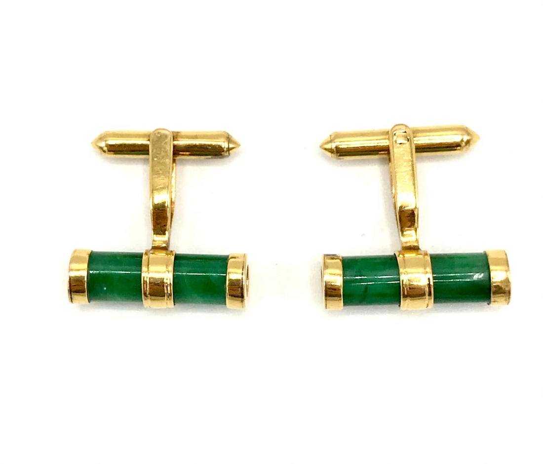 Vintage 14k Yellow Gold Jade Cufflinks - 5