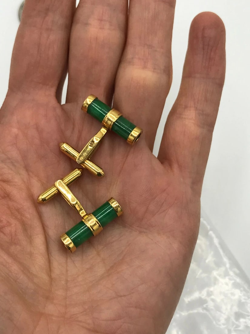 Vintage 14k Yellow Gold Jade Cufflinks - 6