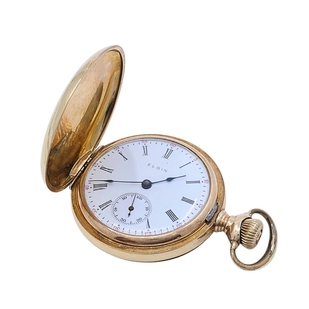 Antique Elgin 14K Gold Keystone Hunter Case Pocket Watch Diamond Butterfly - 4