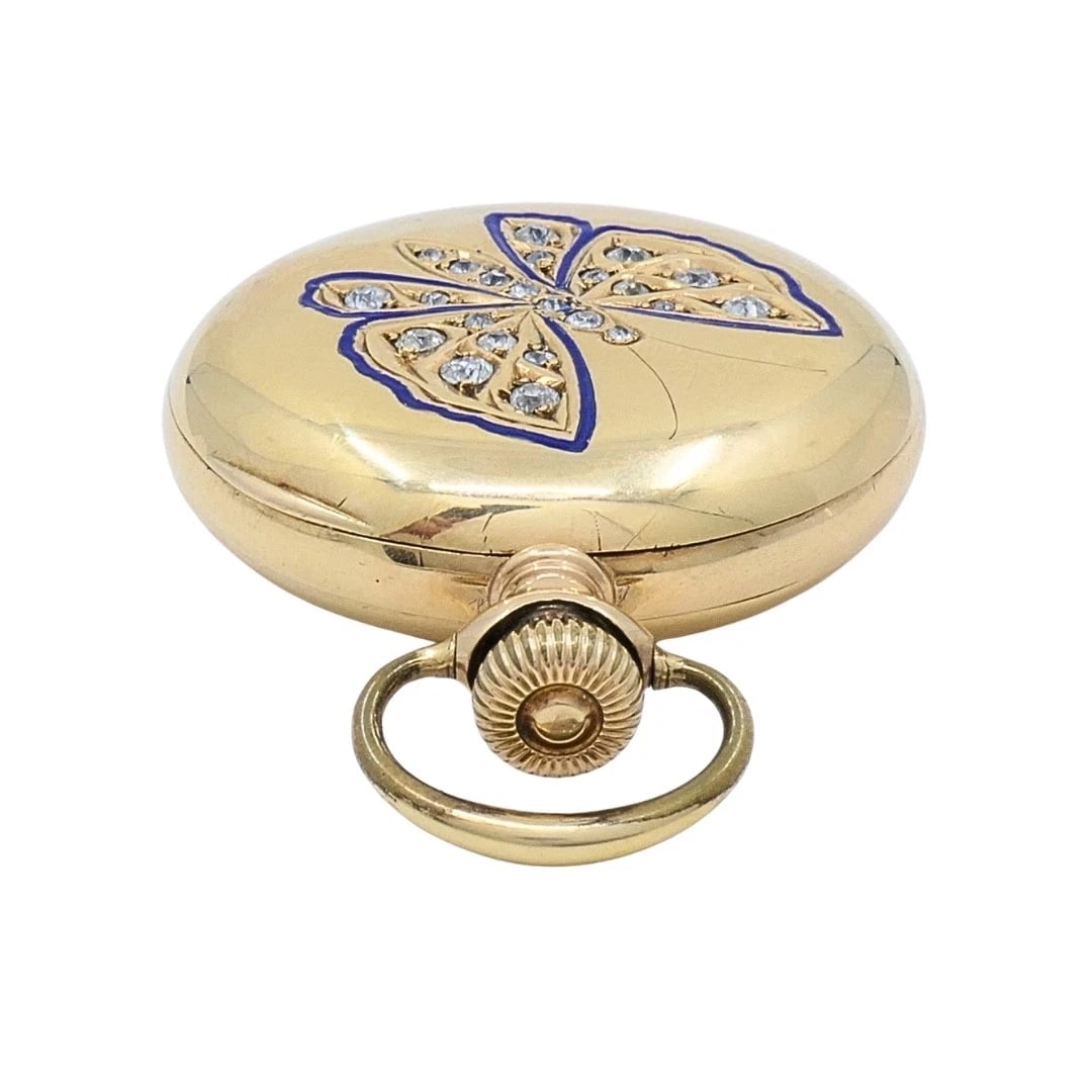 Antique Elgin 14K Gold Keystone Hunter Case Pocket Watch Diamond Butterfly - 9