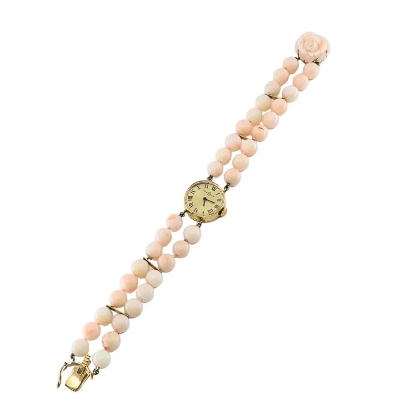 Baume & Mercier 14k Angel Skin Coral Double Strand Bracelet Watch, 1960s: Title: Baume & Mercier 14k Angel Skin Coral Double Strand Bracelet Watch, 1960s Description: ES JAOO ITEM DETAILS: Baume & Mercier 14k Angel Skin Coral Double Strand Bracelet Watch, 1960s A feminine v