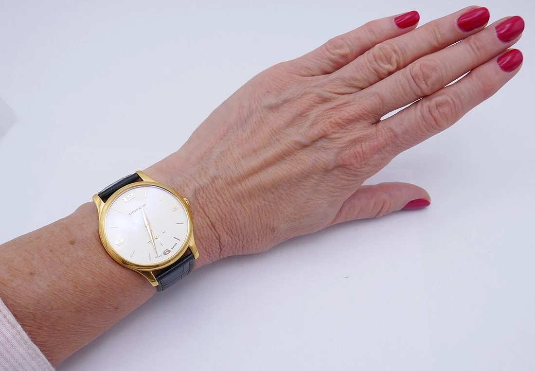 Vintage CHOPARD WATCH L.U.C 18k Yellow Gold Leather Strap Estate Jewelry - 10