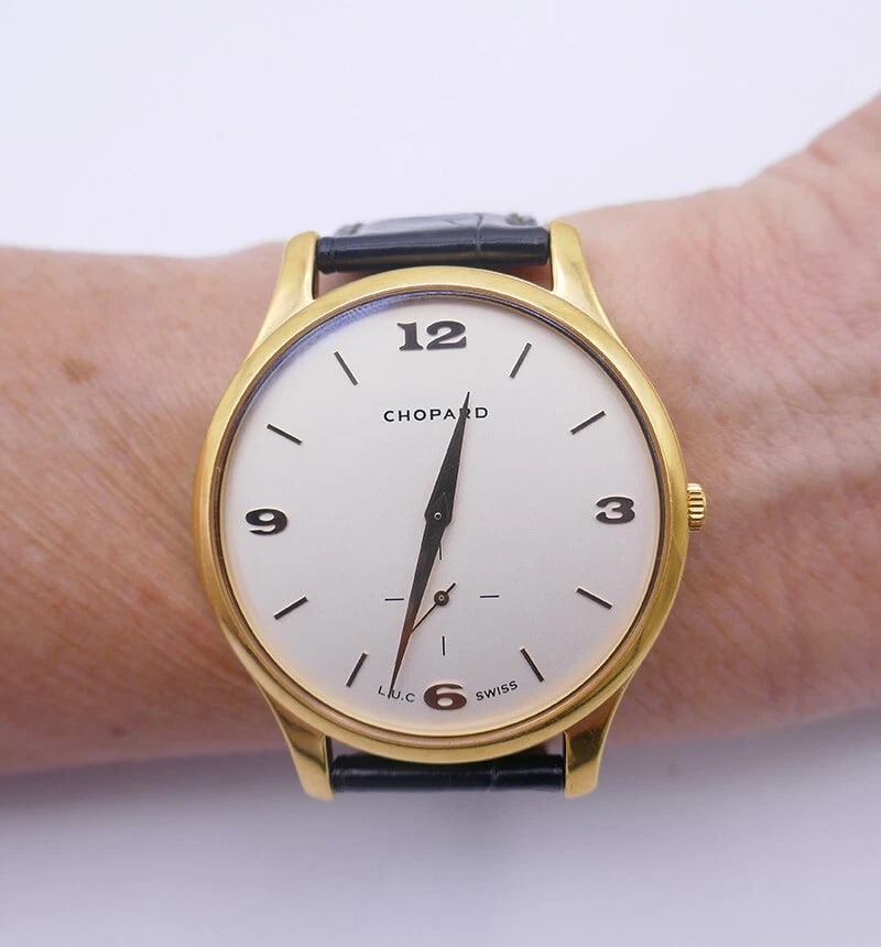 Vintage CHOPARD WATCH L.U.C 18k Yellow Gold Leather Strap Estate Jewelry - 3