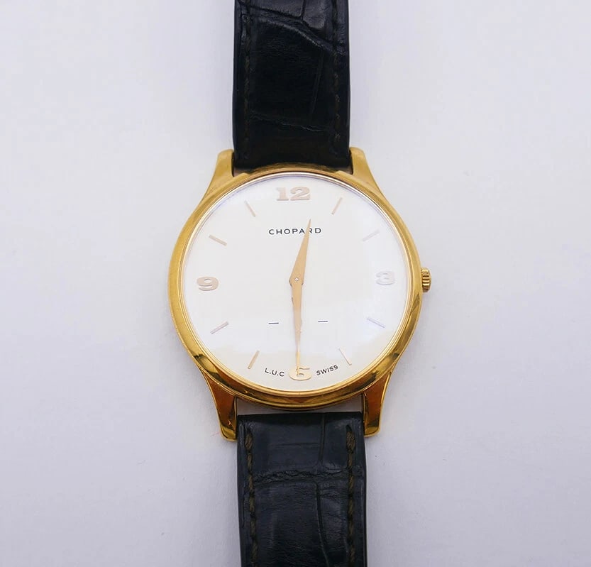 Vintage CHOPARD WATCH L.U.C 18k Yellow Gold Leather Strap Estate Jewelry - 5