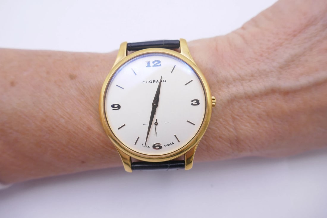 Vintage CHOPARD WATCH L.U.C 18k Yellow Gold Leather Strap Estate Jewelry - 9