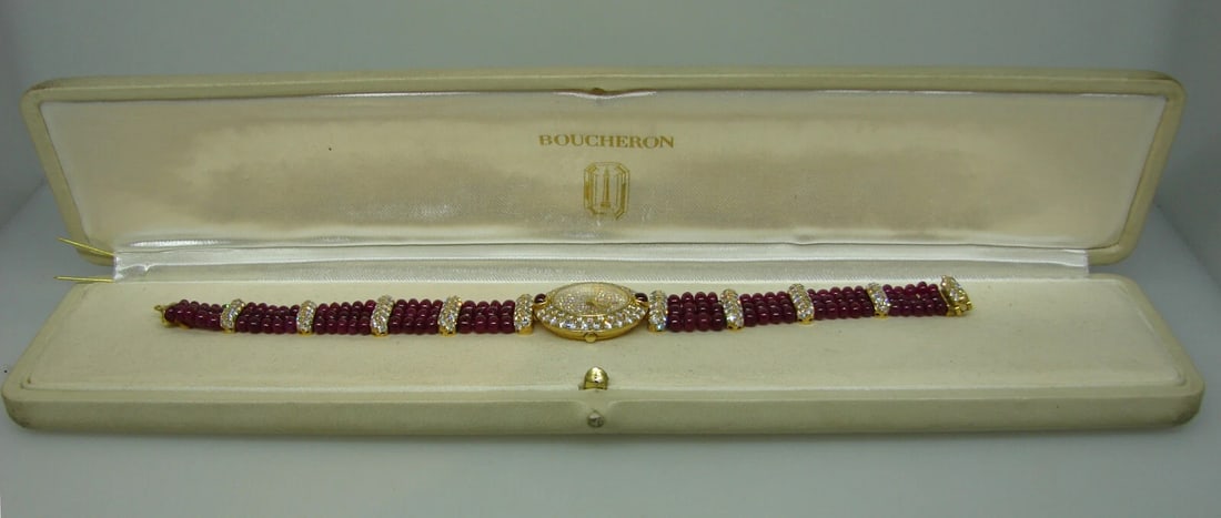 Vintage BOUCHERON 18k Yellow Gold Lady's WATCH Diamond Ruby Quartz - 2