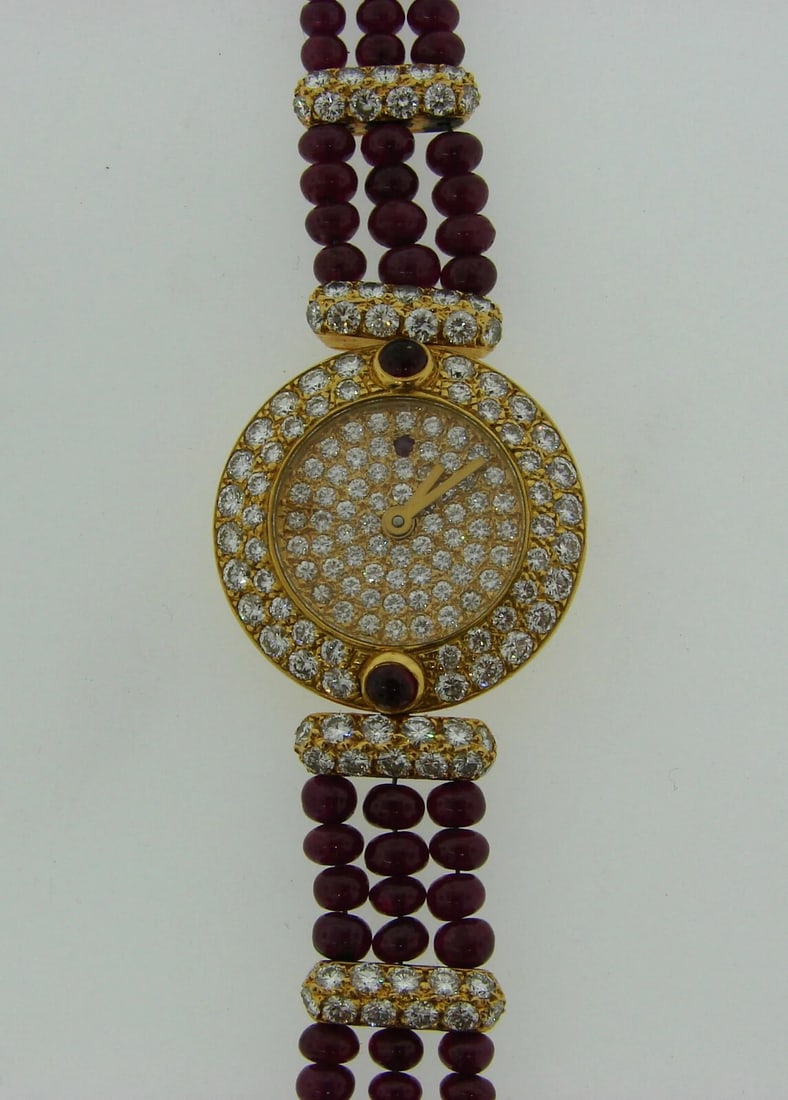 Vintage BOUCHERON 18k Yellow Gold Lady's WATCH Diamond Ruby Quartz - 3
