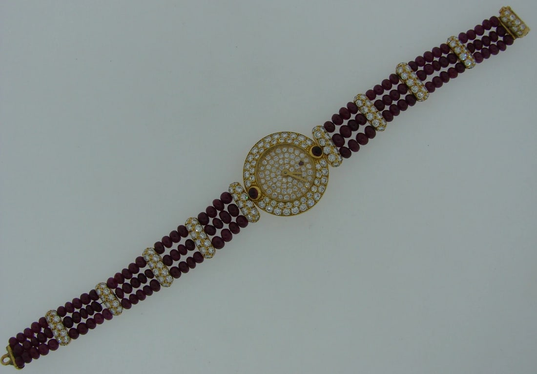 Vintage BOUCHERON 18k Yellow Gold Lady's WATCH Diamond Ruby Quartz - 9