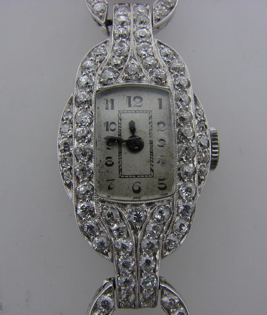 8.94 cts DIAMOND PLATINUM LADIES WATCH BRACELET Chic Rare Art Deco 1920s - 3