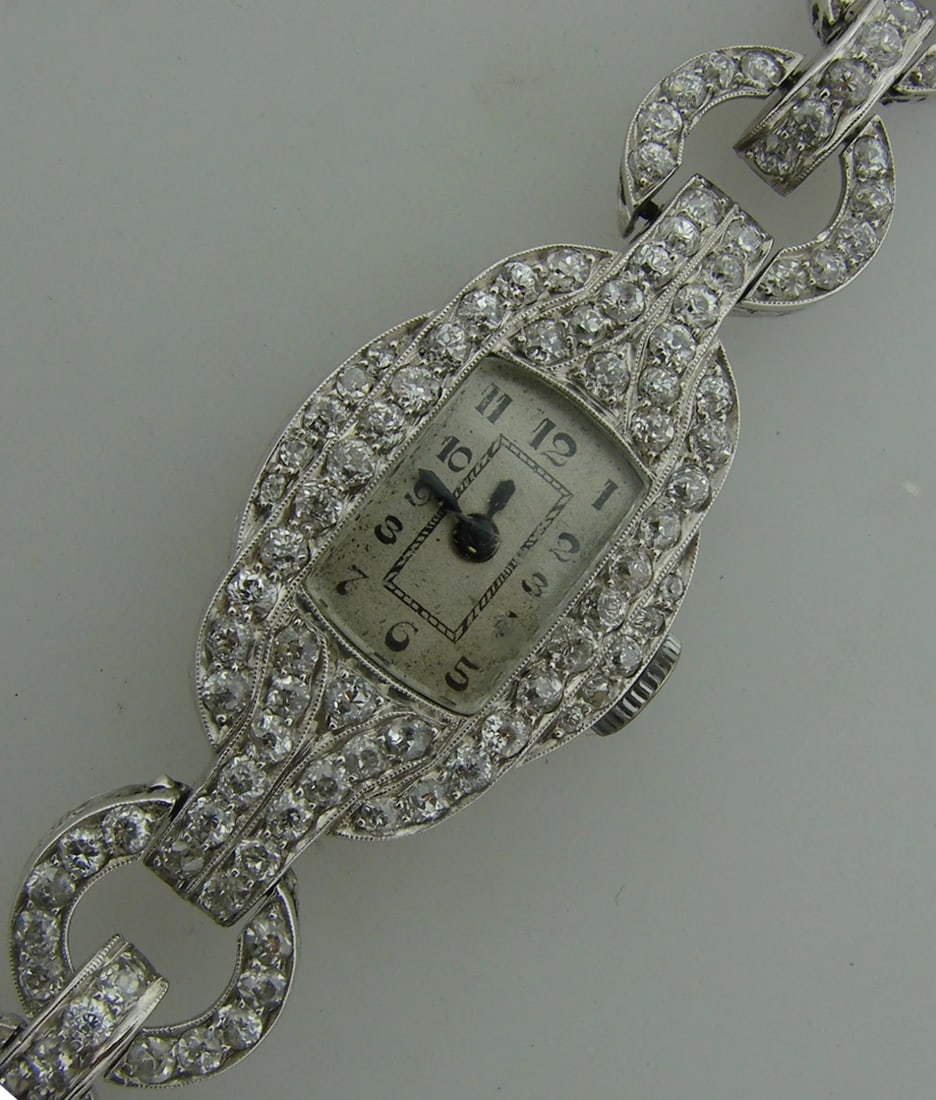 8.94 cts DIAMOND PLATINUM LADIES WATCH BRACELET Chic Rare Art Deco 1920s - 4