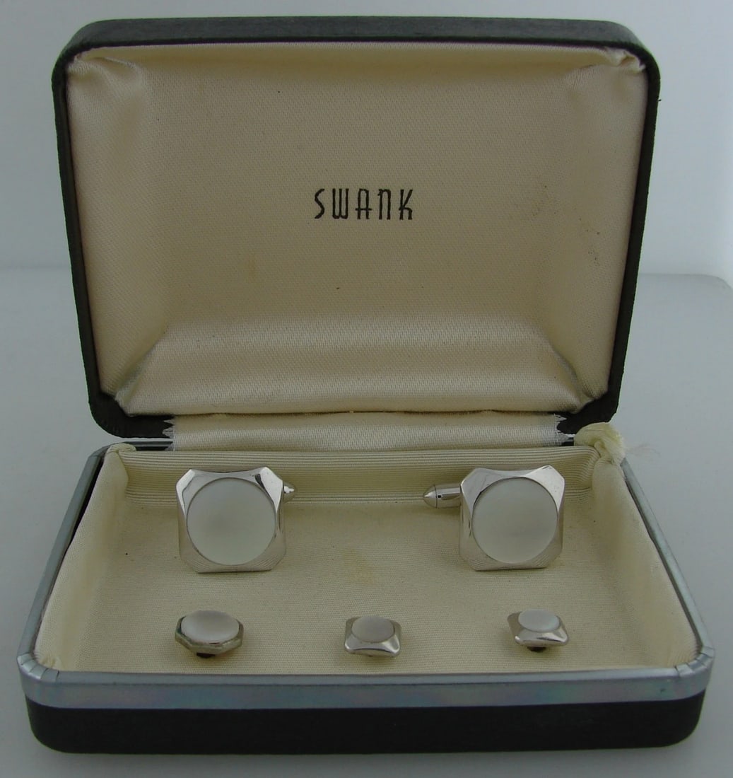 SWANK MOTHER-OF-PEARL WHITE METAL CUFFLINKS STUD SET in Box Unisex - 3