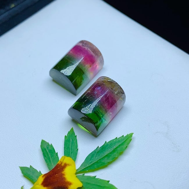 Tri Color Tourmaline Cabochon Pair: Natural Gemstone Cabs, 64.10 Carat - 5