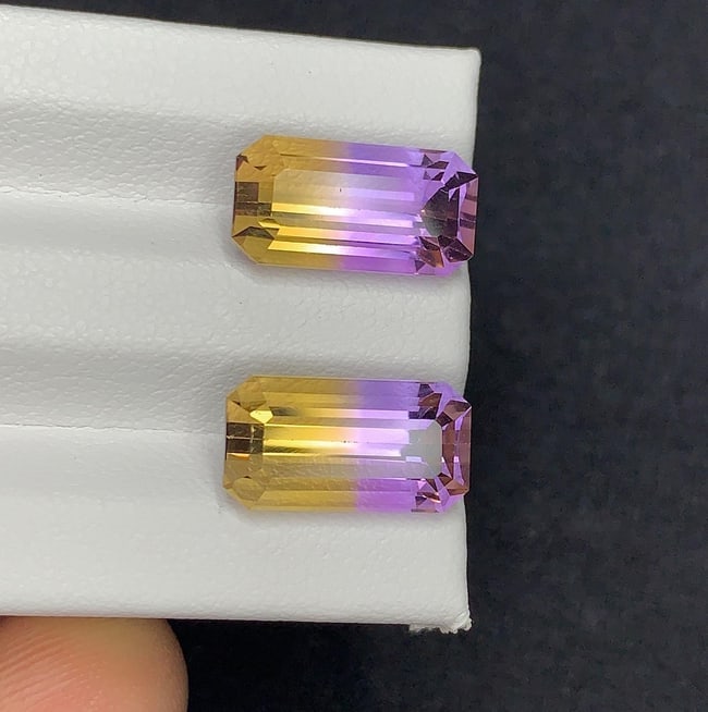 Emerald Cut Bolivian Ametrine Gemstone Pair: 11.30 CT, Royal Purple/Mango Yellow - 2