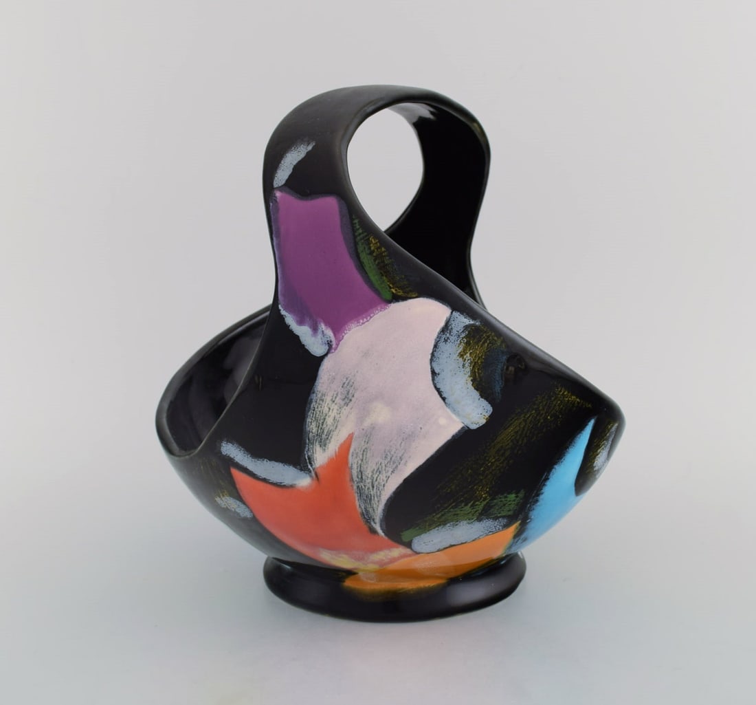 Longwy, France. Equinoxe basket in glazed ceramics. Abstract polychrome decoration on black - 4