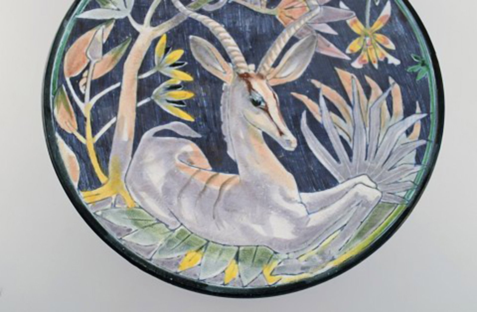 Tilgmans, Sweden. Large unique circular bowl / dish in glazed ceramics with antelope and monkey. - 4