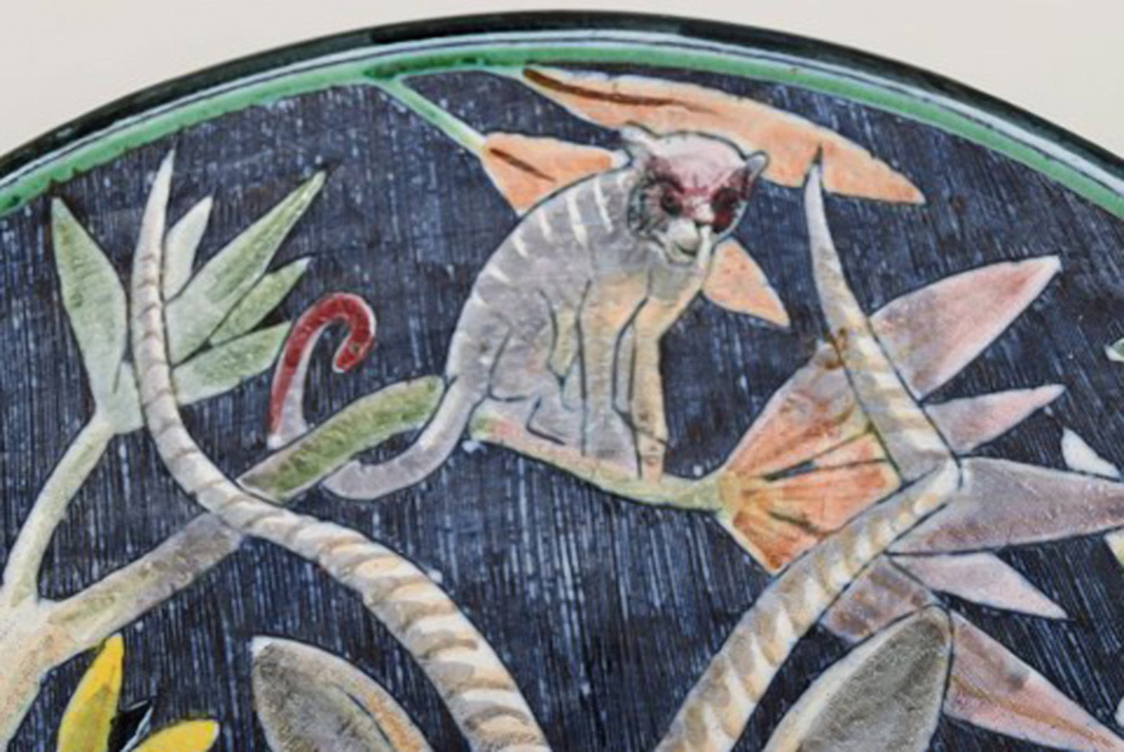 Tilgmans, Sweden. Large unique circular bowl / dish in glazed ceramics with antelope and monkey. - 5