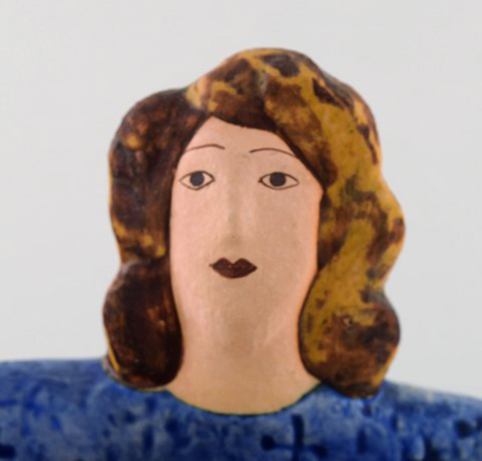 Very rare Lisa Larson unique figure of sitting woman in blue with golden rooster. - 5