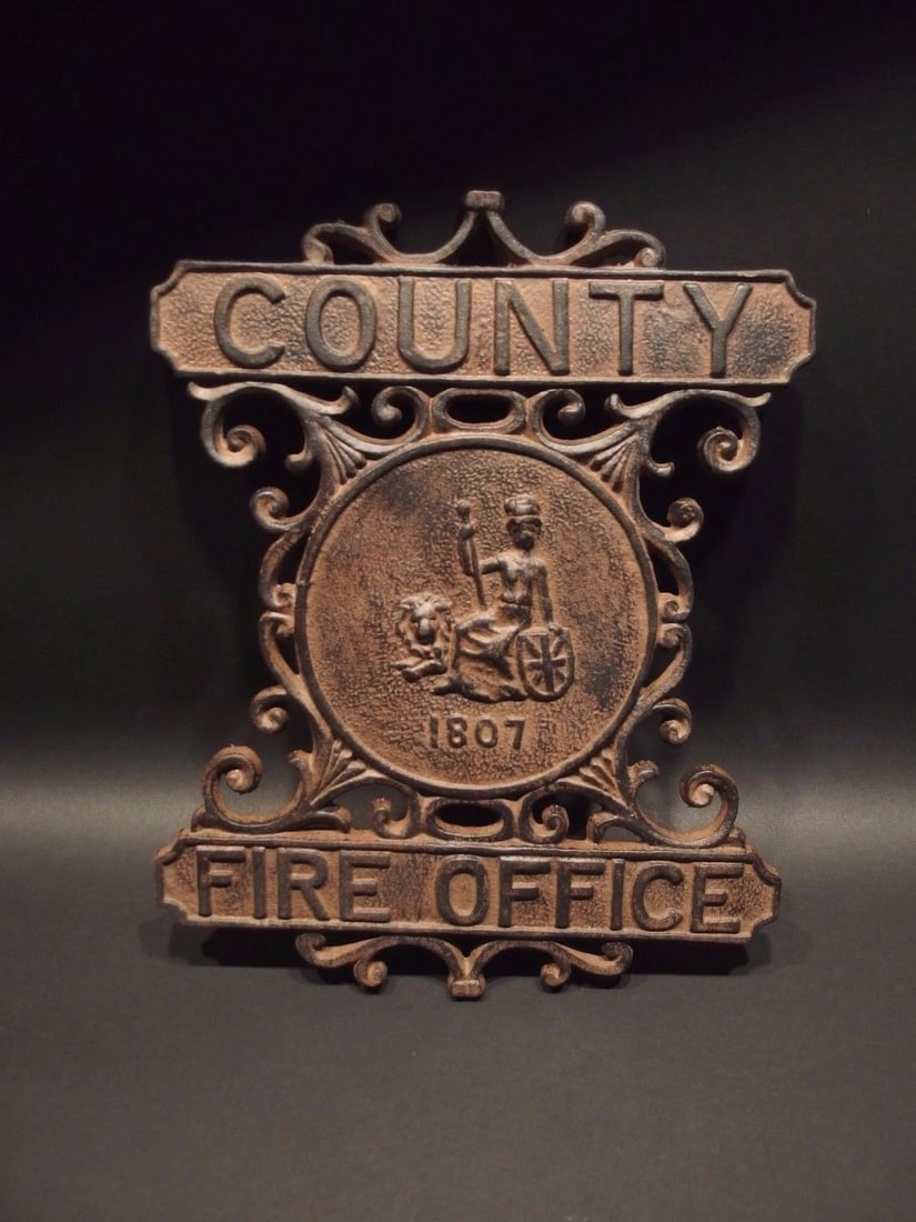 Heavy Cast iron County Fire Office Sign 1807 Fireman - 7