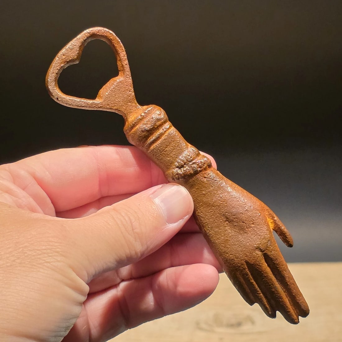 Cast iron Heart in Hand Odd Fellows Bottle Opener - 4