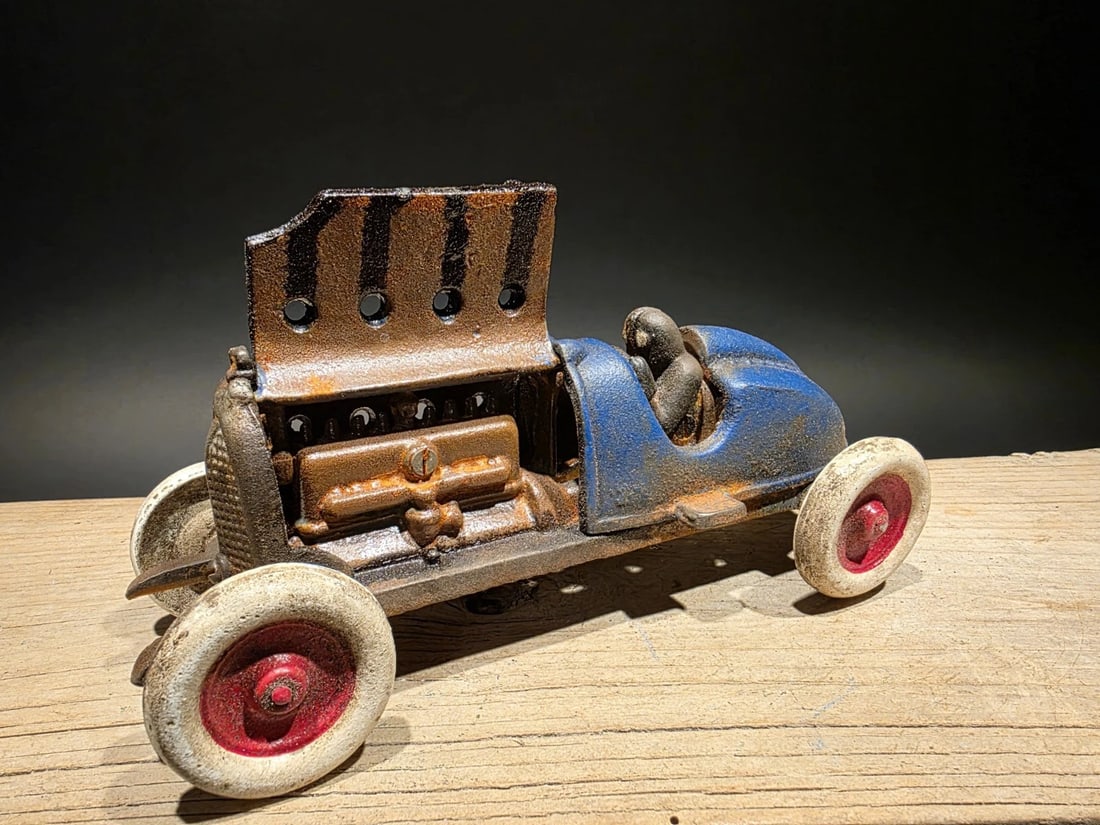 Blue Cast iron Toy Race Car w Lifting Hood - 2