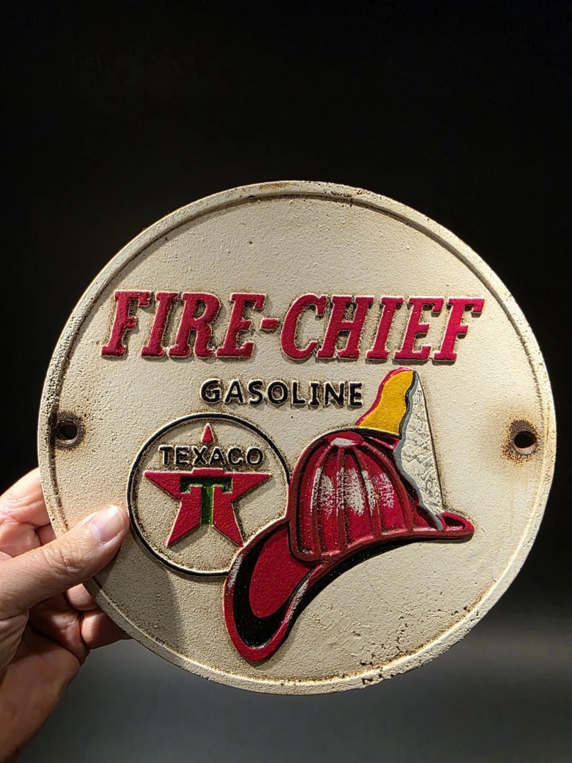 Cast iron Round Texaco Fire Chief Gas Oil Sign Plaque - 6