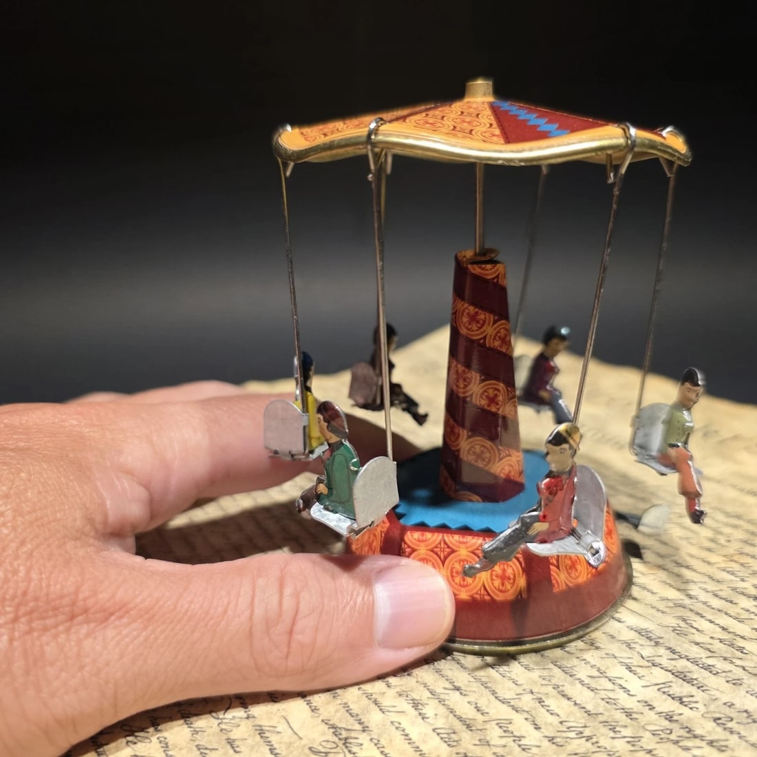 Tin Litho Carousel Swing Ride Wind-Up Amusement Park Toy - 3