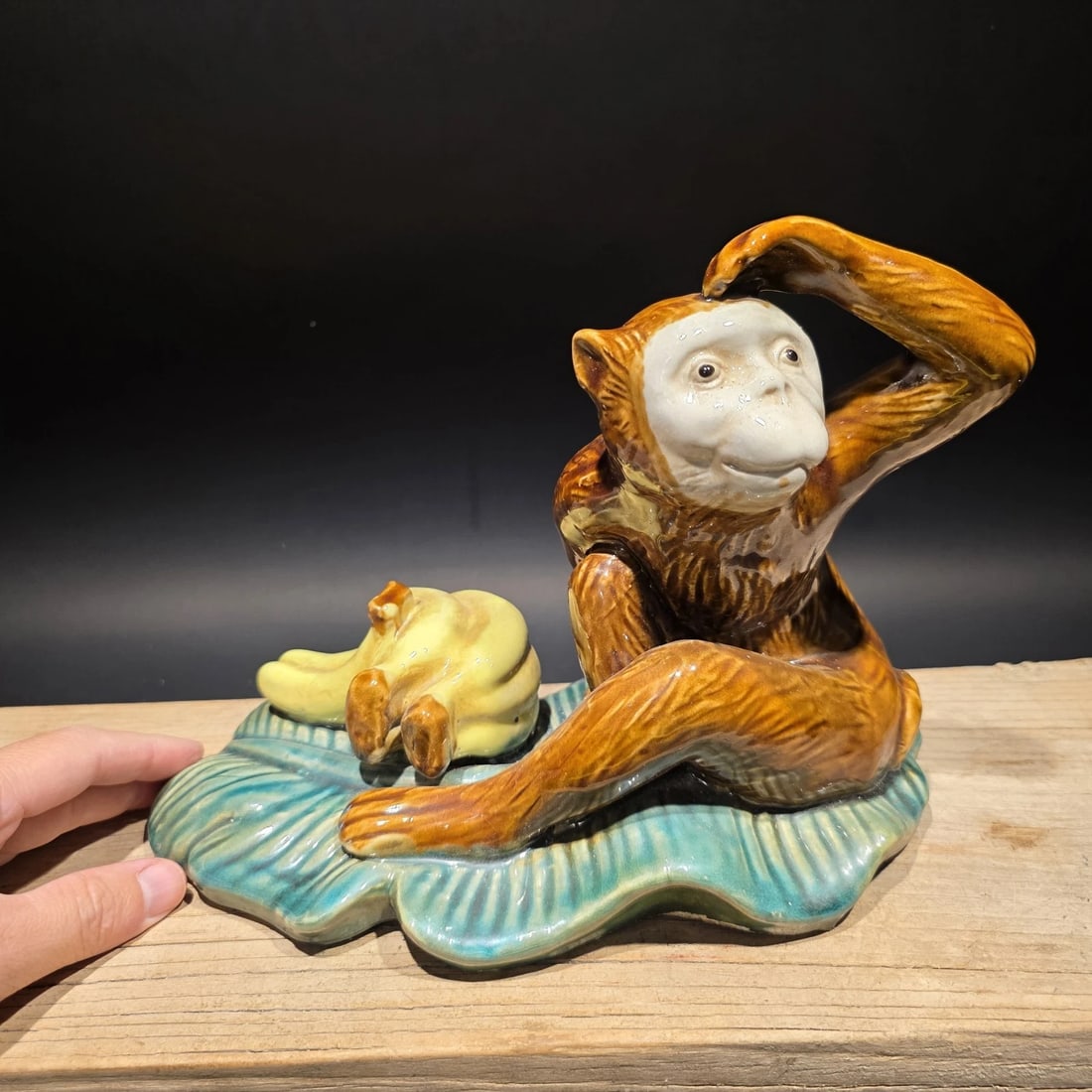 8" Majolica Style Monkey with Bananas Figurine Wilson Ceramic Statue - 2