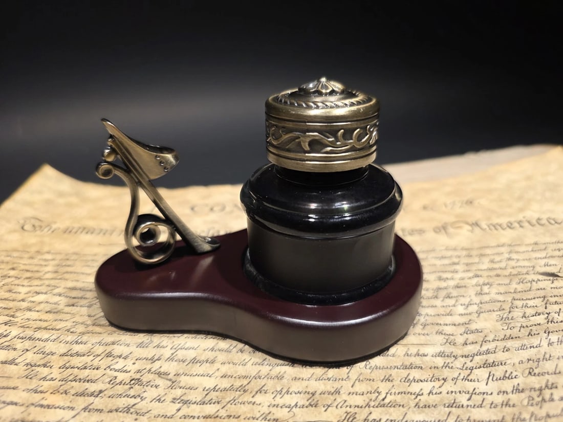 inkwell Bottle With Metal Pen Holder Wood Base 1.5 Oz Black ink - 2
