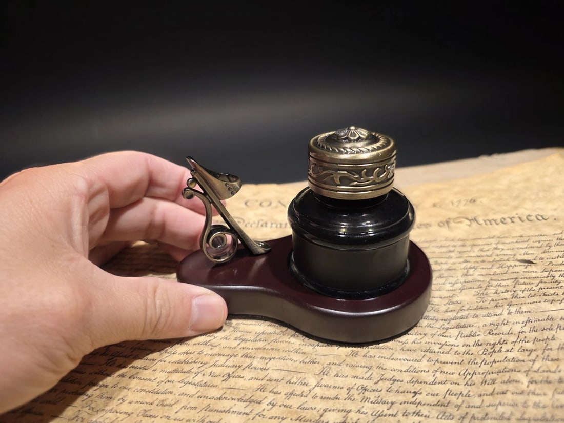inkwell Bottle With Metal Pen Holder Wood Base 1.5 Oz Black ink - 3