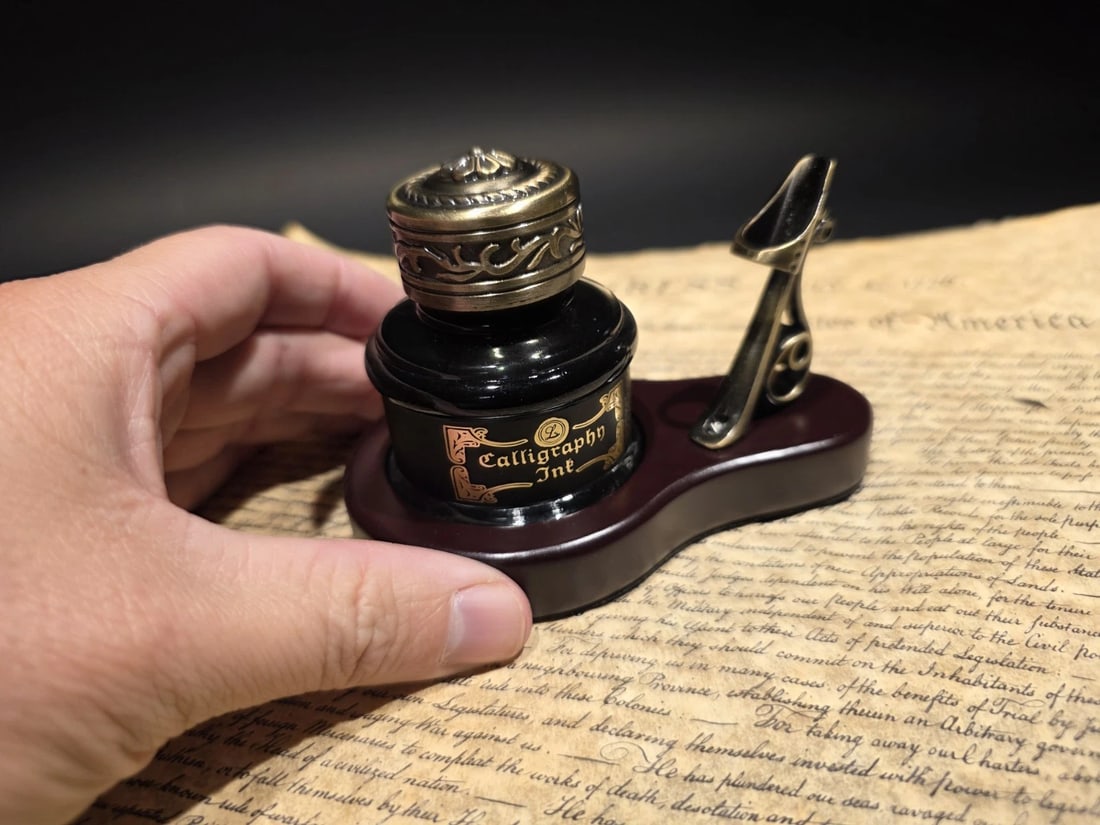 inkwell Bottle With Metal Pen Holder Wood Base 1.5 Oz Black ink - 4