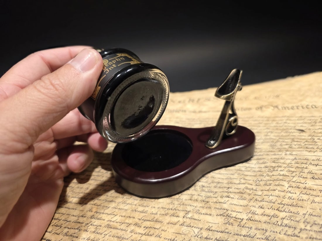 inkwell Bottle With Metal Pen Holder Wood Base 1.5 Oz Black ink - 5