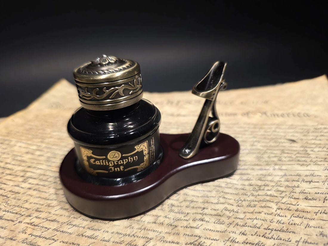 inkwell Bottle With Metal Pen Holder Wood Base 1.5 Oz Black ink - 6