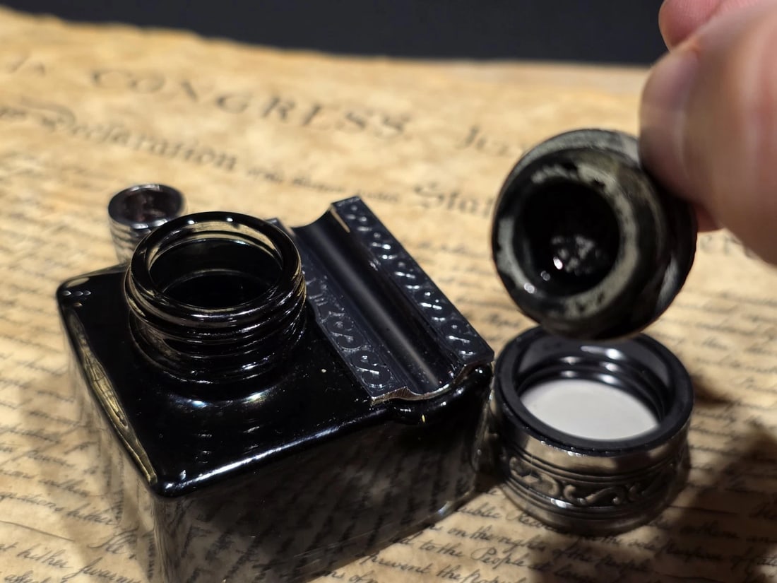 5" Glass inkwell Pen Rest Filled with 1.75 oz Black ink - 2